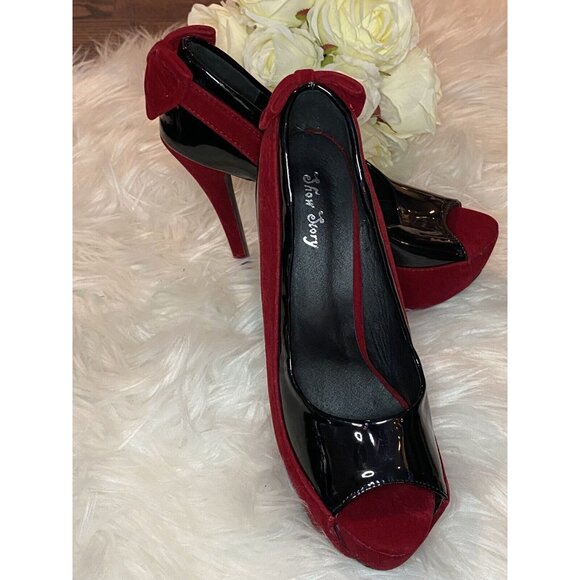 Show Story Shoes - Black & Red Stilettos US 9.5 Euro 40 Show Story Womens Peep Toe Platform Heels